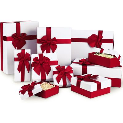 Tenceur 10 Pcs Gift Boxes with Lids Heavy Duty Nested Assorted Sizes Cardboard Gift Boxes for Presents with Ribbon for Xmas Holiday Present(Red, White,5 Size)