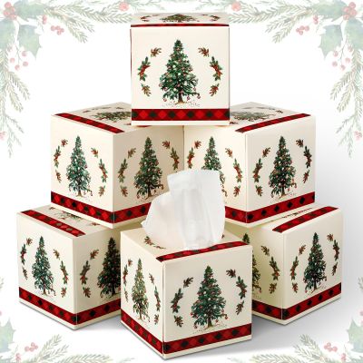 Yeaqee 6 Pack Christmas Facial Tissue Cube Box Square 480 Sheets Xmas Tree Christmas Paper Facial Tissues Cube Box for Winter Xmas Holiday Kitchen Office Home Car Decor