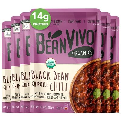 BeanVIVO (Pack of 6) Organics Plant based Black Beans Chipotle Chili - Good Source of Fiber - Nutritious & Microwave Meals - Gluten-Free Plant Food - 10 oz