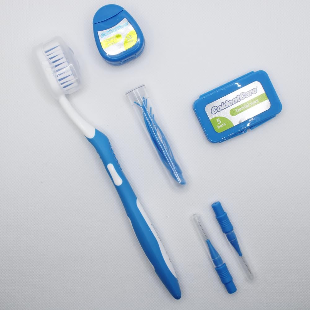 Braces Cleaning Kit for Teeth, Portable Orthodontic Toothbrush Kit Oral Care Dental Travel - 2 Interdental Brush, 5 Bars of Wax, 1 Dental Floss 12m, 13 Dental Floss Threader Multipurpose case (Blue)