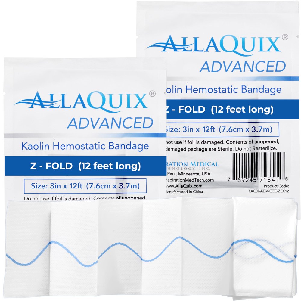 AllaQuix Advanced Kaolin Hemostatic Gauze Z-Fold Sterile Clotting Bandage (3" x 12 ft, 2-Pack) | Stops Bleeding Fast for Trauma, Tactical First Aid, Emergency Kits, Survival, and IFAKs