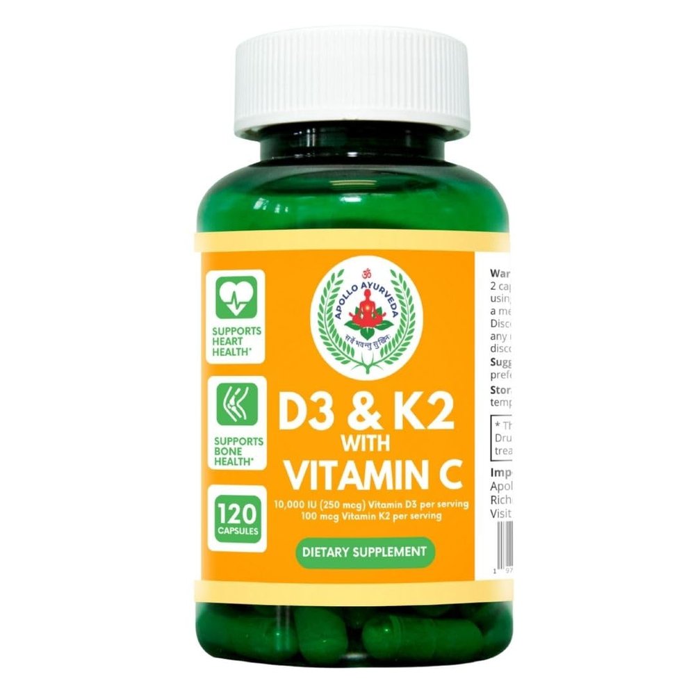 Apollo Ayurveda Vitamin D3 10000 IU & Vitamin K2 100 mcg with Vitamin C - 120 Capsules - Heart & Bone Support Capsule Supplemet - Non-GMO & Gluten Free Made in USA