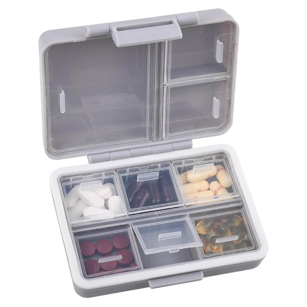 9-Grid Pill Organizer,Portable Pill Box,Large Capacity Compartments,Travel Pill Container,Medicine Dispenser,Pill Purse,Pill Case for Vitamins, Fish Oils or SupplementsGrey