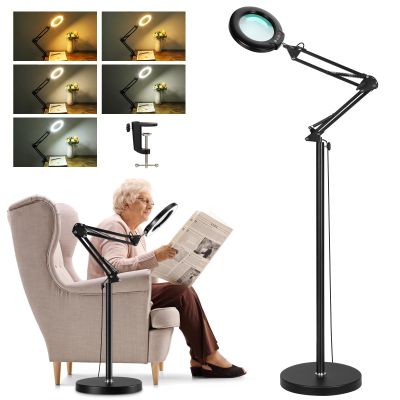 10X Magnifying Glass with Light and Stand, Real Glass Lens (Not Acrylic), 5 Color Modes, Stepless Dimmable, 3-in-1 Floor Lamp Swing Arm with Clamp, Lighted Magnifier Hands Free for Close Works, Crafts