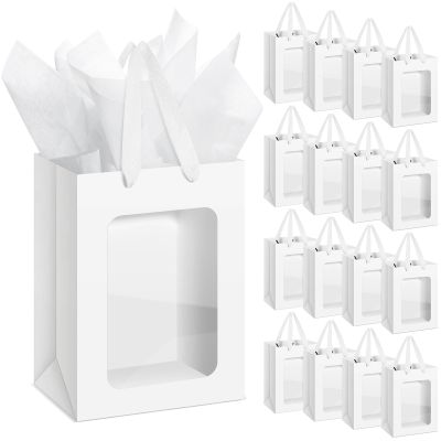 36 Pcs Kraft Clear Gift Bags with Tissue Paper, 10 x 7 x 5 Inch Laege Paper Gift Bags with Window Handles for Valentine's Day Galentine Graduation Wedding Baby Shower Birthday Party Favors(White)