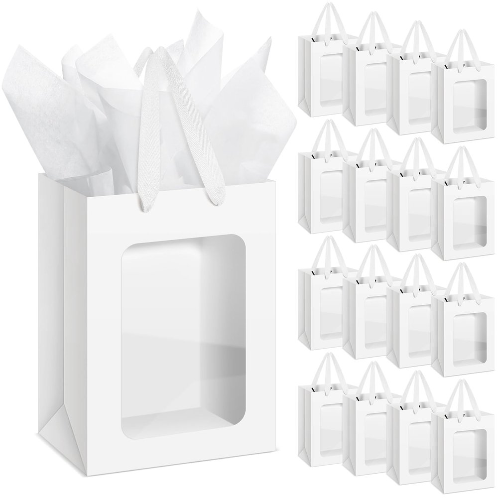 36 Pcs Kraft Clear Gift Bags with Tissue Paper, 10 x 7 x 5 Inch Laege Paper Gift Bags with Window Handles for Valentine's Day Galentine Graduation Wedding Baby Shower Birthday Party Favors(White)