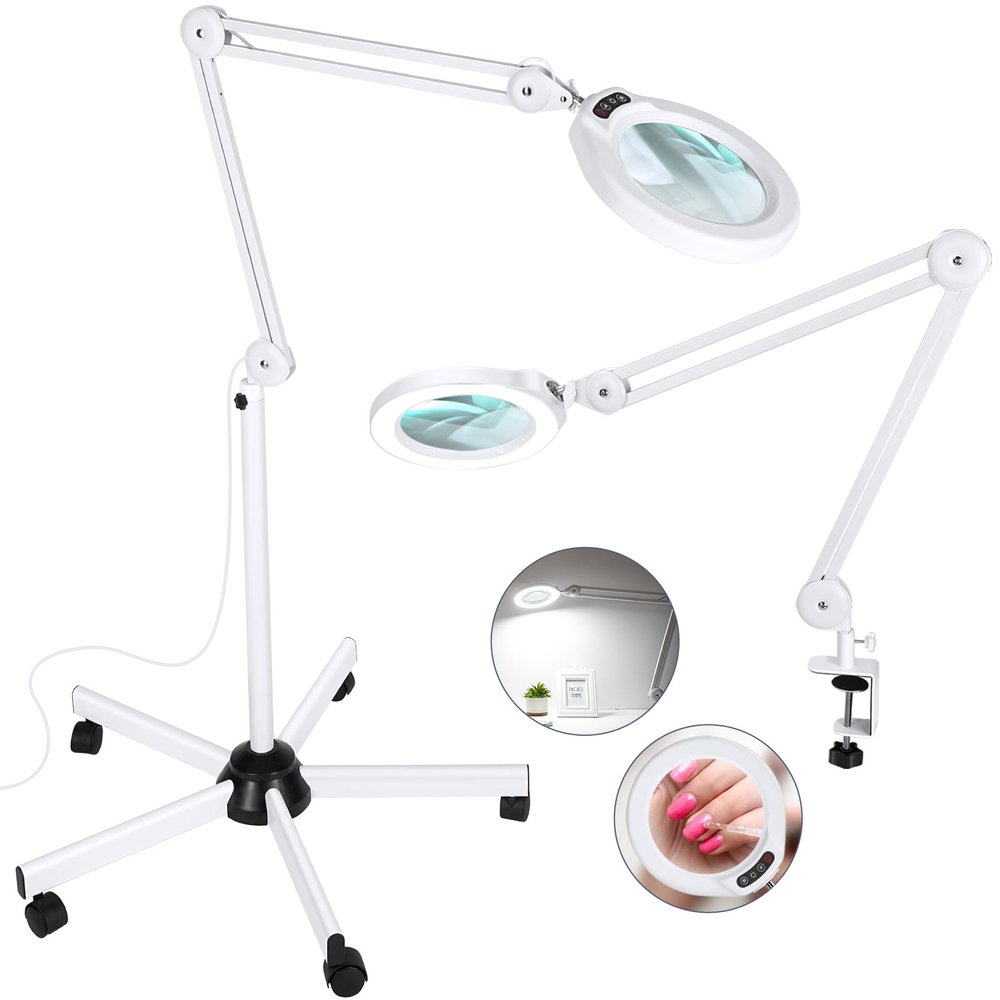 10X Magnifying Glass with Light and Stand, Real Glass Lens, 5 Color Modes, Stepless Dimmable, LED 2200 Lumens Floor lamp with 5 Wheels Rolling Base, Lighted Magnifier for Esthetician, Facials, Salon