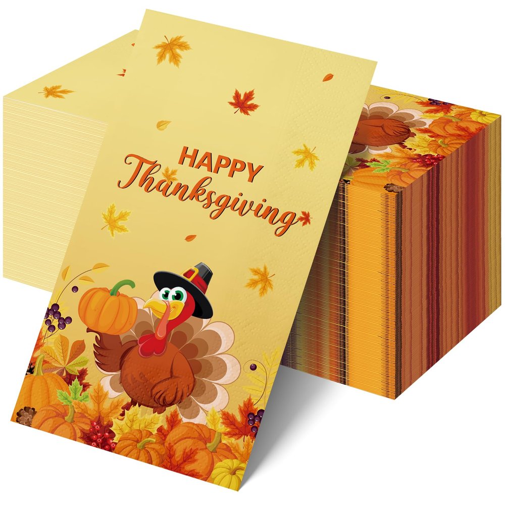 100pcs Thanksgiving Paper Napkins,Disposable Turkey Paper Hand Towels,Fall Pumpkin Maple Leaves Guest Napkins for Fall Give Thanks Lunch Dinner Kitchen Bathroom Party Decorations