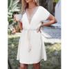 Casual Women's Summer Dress with Embellishments Short Sleeved V-Neck Front Tie Flowing Dress (White, XL) view 4