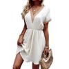 Casual Women's Summer Dress with Embellishments Short Sleeved V-Neck Front Tie Flowing Dress (White, XXL) view 1