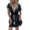 Casual Women's Summer Dress with Embellishments Short Sleeved V-Neck Front Tie Flowing Dress (Black, M) view 1