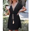 Casual Women's Summer Dress with Embellishments Short Sleeved V-Neck Front Tie Flowing Dress (Black, M) view 3