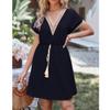 Casual Women's Summer Dress with Embellishments Short Sleeved V-Neck Front Tie Flowing Dress (Black, M) view 4
