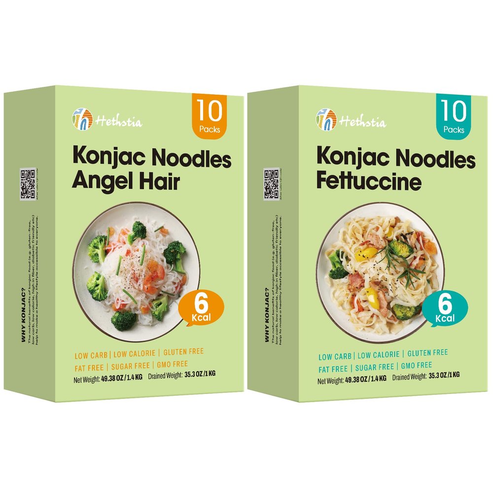 Hethstia Konjac Noodles, 20 Packs Shirataki Noodle Fettuccine and Angel Hair Shape Pasta - Keto, Vegan, Gluten Free, Low Carb, Sugar-Free, Low-Calorie for Healthy Diets, Ready-to-Eat