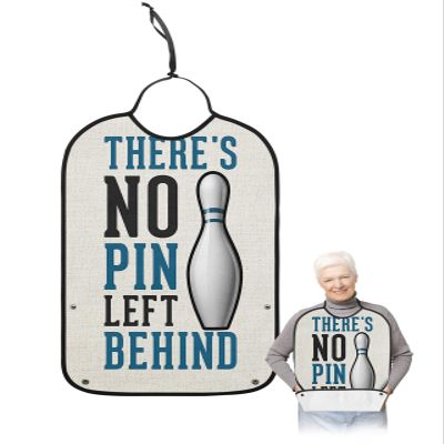 There's No Pin Left Behind Adult Bibs for Elder Women Men Eating, Waterproof & Washable Bibs for Eating Clothing Protector Dining Bibs for Crumb Catcher Blue White Bowling Burlap