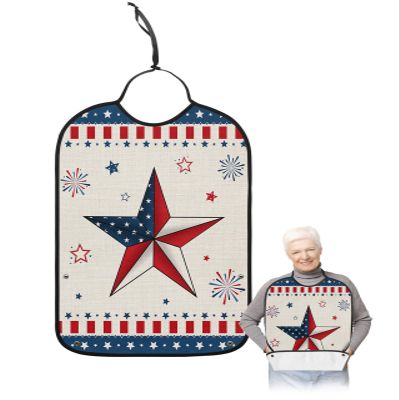 BOBOWUNY 4th of July Adult Bibs for Elder Women Men Eating, Waterproof & Washable Bibs for Eating Clothing Protector Dining Bibs for Crumb Catcher Blue Red Star Fireworks Independence Day