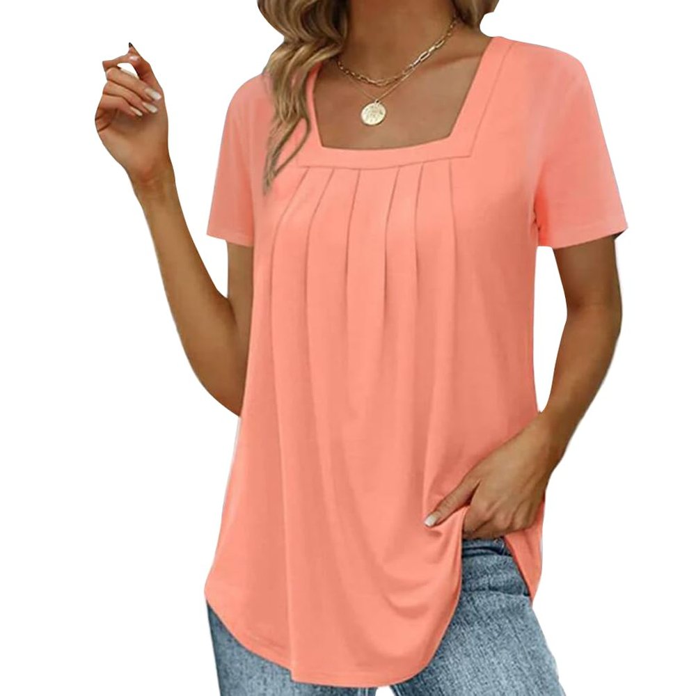 FUB Women's Pleated Square Neck Short Sleeve Swallowtail T-Shirt (Pink, XL)