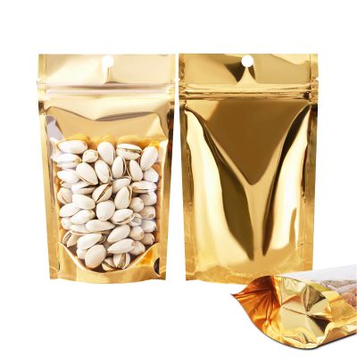 100 Pack Smell Proof Bags with Clear Front Window, 5.5x7.8+3 inch Resealable Stand Up Food Storage Bags Packaging Foil Mylar Pouches for Small Business, Foods, Party Favors (Gold)