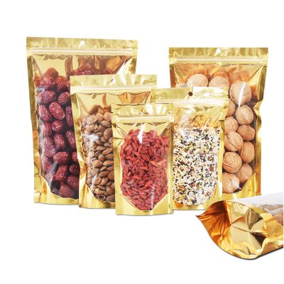 100 Pack Smell Proof Bags with Clear Front Window, 6.3x9.5+3 inch Resealable Stand Up Food Storage Bags Packaging Foil Mylar Pouches for Small Business, Foods, Party Favors (Gold)