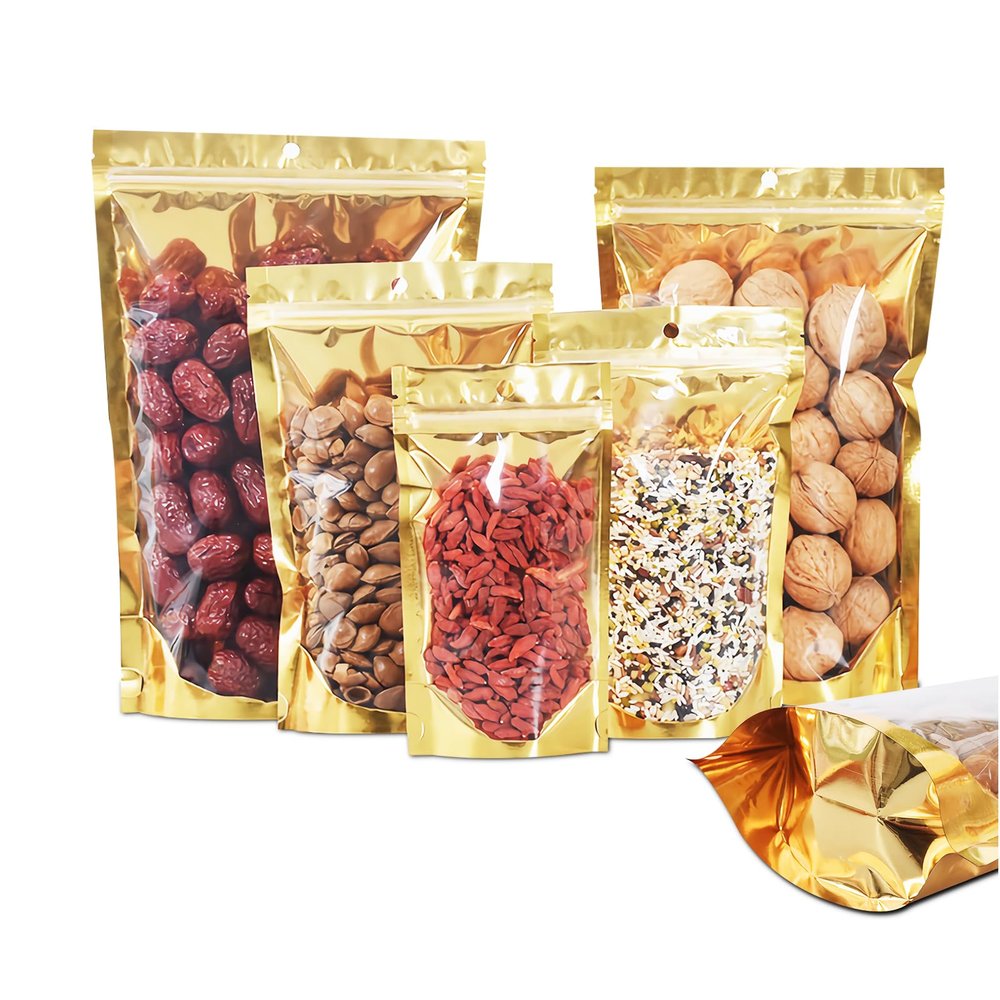 100 Pack Smell Proof Bags with Clear Front Window, 8x12+4 inch Resealable Stand Up Food Storage Bags Packaging Foil Mylar Pouches for Small Business, Foods, Party Favors (Gold)