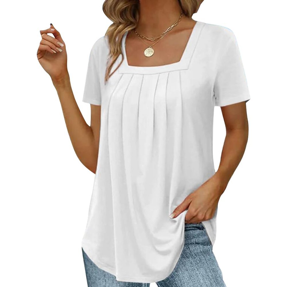 FUB Women's Pleated Square Neck Short Sleeve Swallowtail T-Shirt (White, 5XL)
