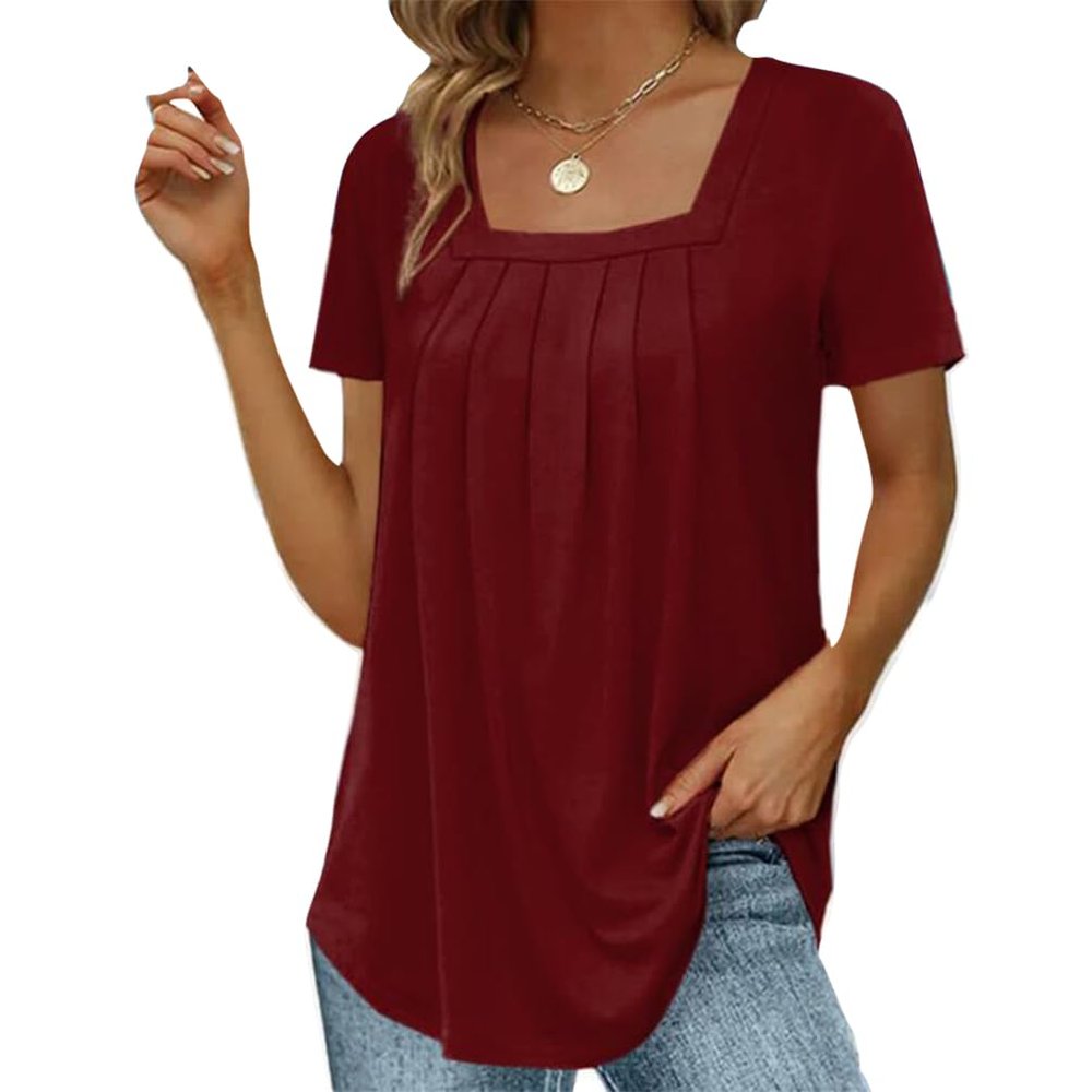 FUB Women's Pleated Square Neck Short Sleeve Swallowtail T-Shirt (Wine Red, 5XL)