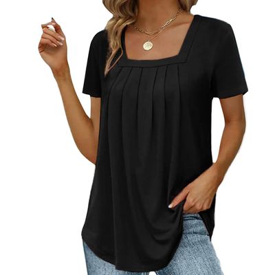 FUB Women's Pleated Square Neck Short Sleeve Swallowtail T-Shirt (Black, 3XL)