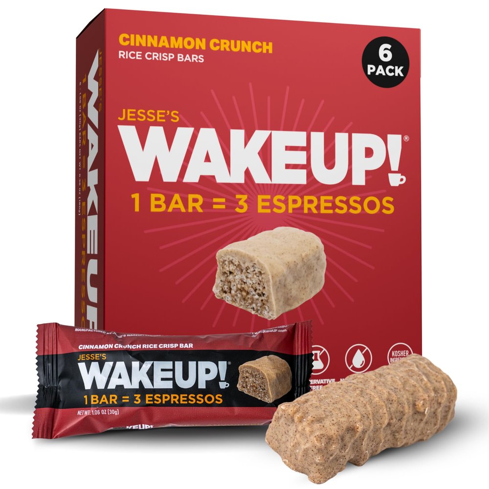 WAKE UP! Caffeinated Cinnamon Crunch Energy Bars - 350mg Caffeine Per Bar (3 Espressos) - Coffee Alternative for Extreme Energy & Focus - Vegetarian, Gluten-Free, Kosher - 6 Pack