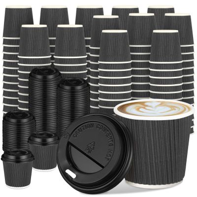 Uiifan 100 Set 4oz Disposable Espresso Cups with Lids Ripple Corrugated Paper Disposable Coffee Insulated Hot Ripple Cups for hot Chocolate, Tea, and Cocoa Drinks(Gray)