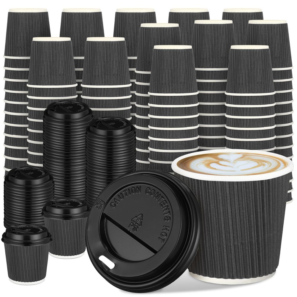 Uiifan 100 Set 4oz Disposable Espresso Cups with Lids Ripple Corrugated Paper Disposable Coffee Insulated Hot Ripple Cups for hot Chocolate, Tea, and Cocoa Drinks(Gray)