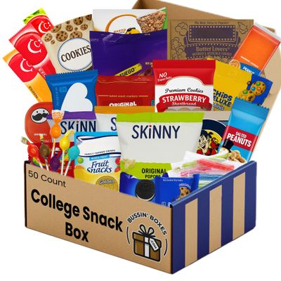 College Care Package and Dorm Survival Kit  Bulk Snack Box with 50 Individually Wrapped Snacks  Gift for Students, Teens, and Dorm Rooms Assembled by Bussin Boxes
