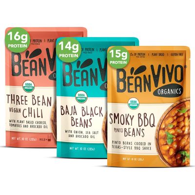 BeanVIVO - Variety 3 Pack (10 oz each) - Organic Baja Black Beans, Three Bean Vegan Chili, BBQ Pinto Beans - Seasoned & Ready to Eat, Plant Protein, Vegan, Gluten Free, Microwaveable, Instant Meals