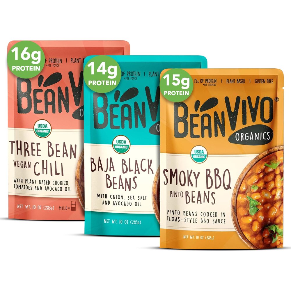 BeanVIVO - Variety 3 Pack (10 oz each) - Organic Baja Black Beans, Three Bean Vegan Chili, BBQ Pinto Beans - Seasoned & Ready to Eat, Plant Protein, Vegan, Gluten Free, Microwaveable, Instant Meals