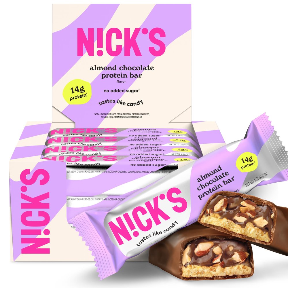 Nicks Protein Bars Almond Chocolate 12-Count Box | Protein-Packed Snack, Low Calories, Low Carbs, Keto Friendly, No Added Sugar (12 bars x 50g)