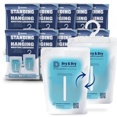 Dry & Dry 10 Packs Hybrid Moisture Absorbers to Control Excess Moisture for Basements, Closets, Bathrooms, Laundry Rooms - Moisture Absorbers, Standing or Hanging Moisture Absorbers