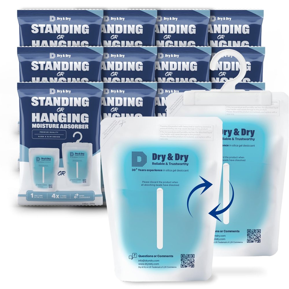 Dry & Dry 12 Packs Hybrid Moisture Absorbers & Musty Odor Eliminator Dehumidifier to Control Excess Moisture for Basements, Closets, Bathrooms, Laundry Rooms. Moisture Absorbers