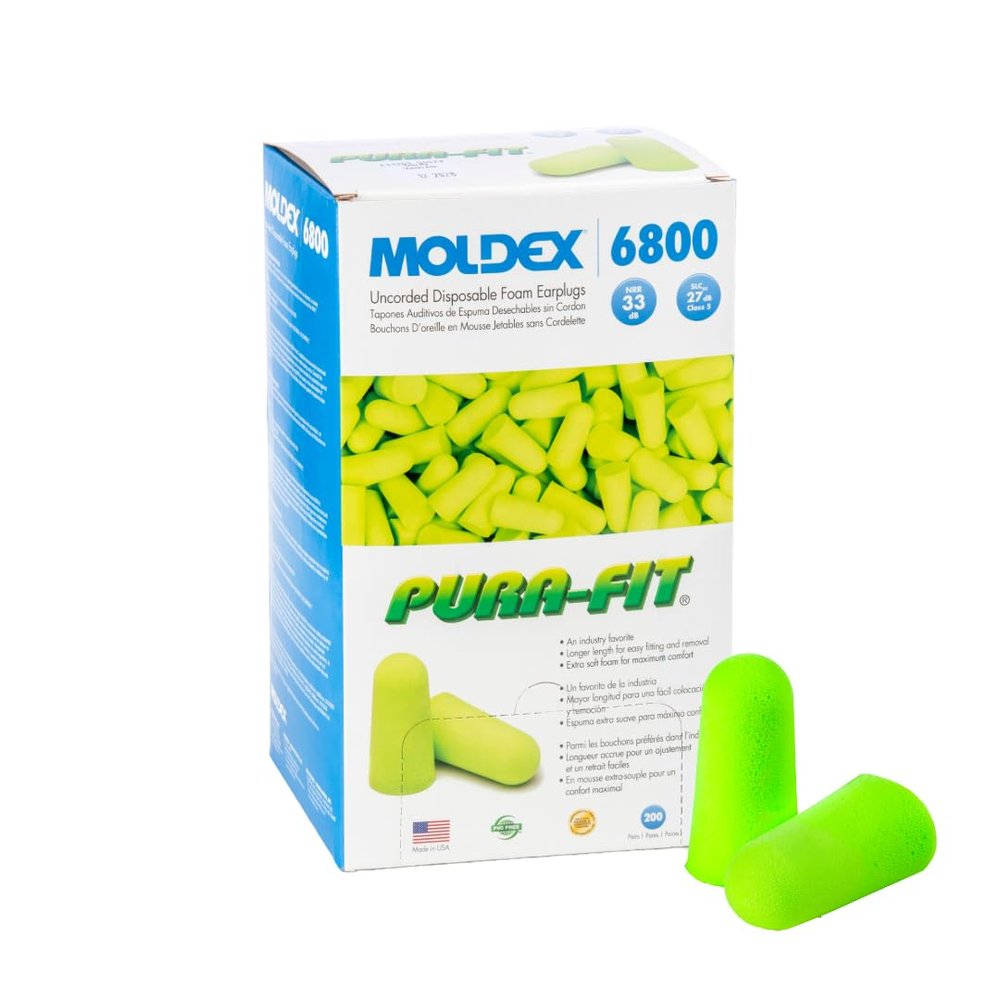 Moldex Pura-Fit Foam Earplugs  Soft, Comfortable, Uncorded, Disposable Ear Plugs, NRR 33dB Noise Reduction for Hearing Protection, Bright Green, Made in USA, 200 Pairs, 6800