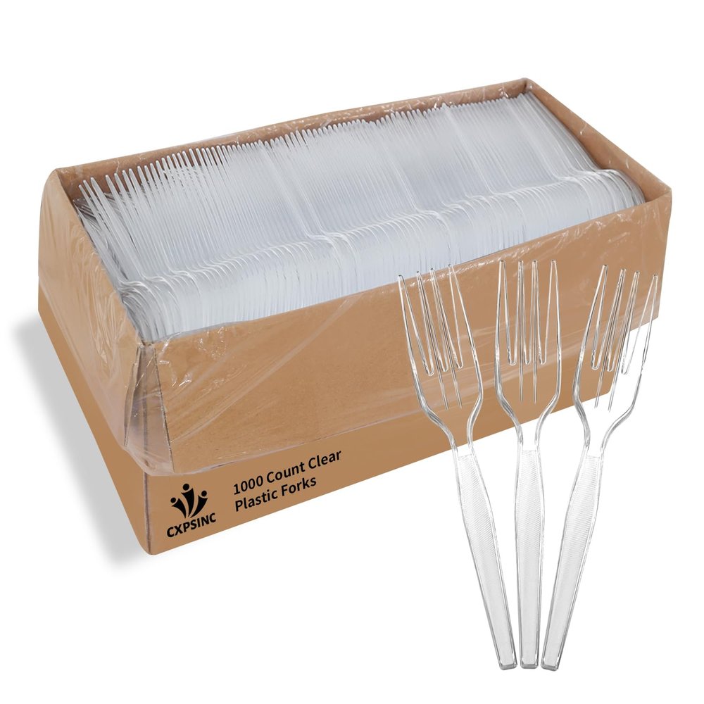 [1000 Pack] Heavyweight Disposable Clear Plastic Forks-Party Dimensions Plastic Cutlery Combo Box (1000 Count Forks)