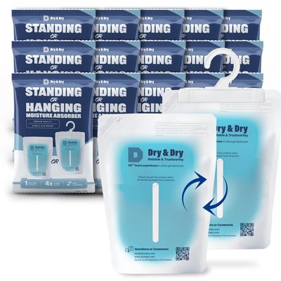 Dry & Dry 15 Packs Hybrid Moisture Absorbers to Control Excess Moisture for Basements, Closets, Bathrooms, Laundry Rooms - Moisture Absorbers, Standing or Hanging Moisture Absorbers