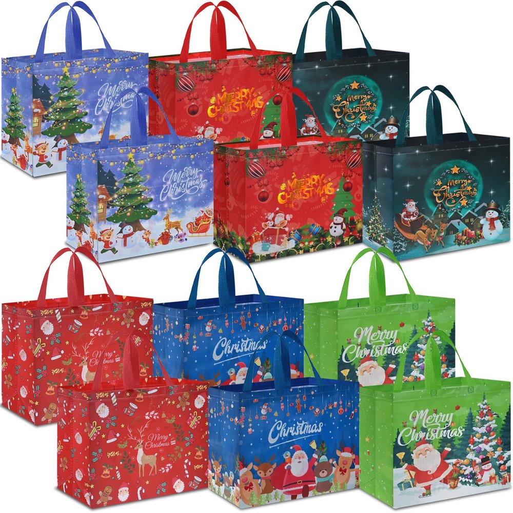 AhfuLife 12PCS Extra Large Christmas Gift Bags, 15.7'' x 14.2''x 5.9'', Christmas Tote Bags with Handles, Reusable Non-woven Shopping Bag for New Year, Xmas's Party Supplies Decorations