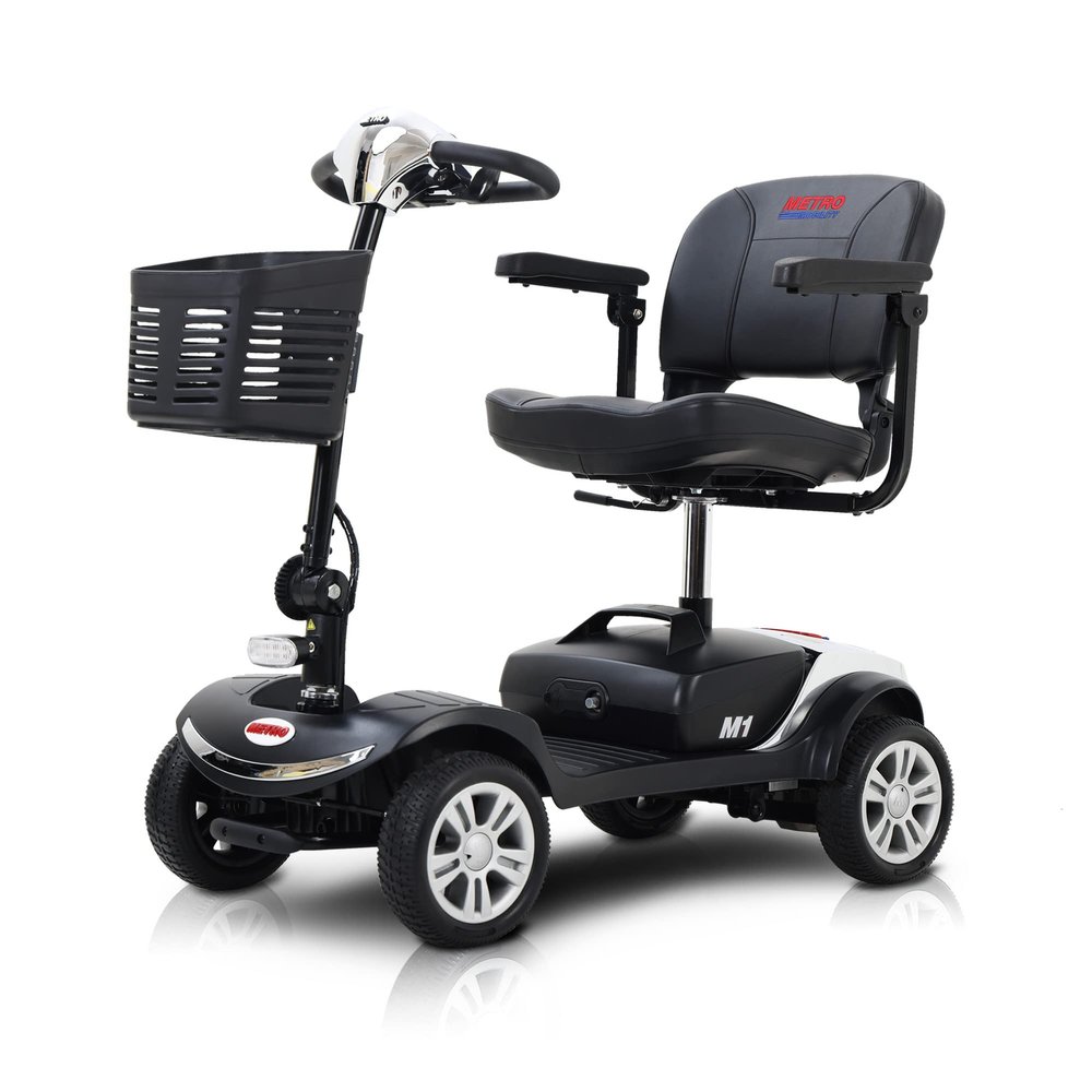 4 Wheel Powered Folding Mobility Scooter - 300 lbs Capacity Motorized Scooter for Adults Electric Medical Scooter Compact for Travel - Front & Rear LED Light (Chrome)