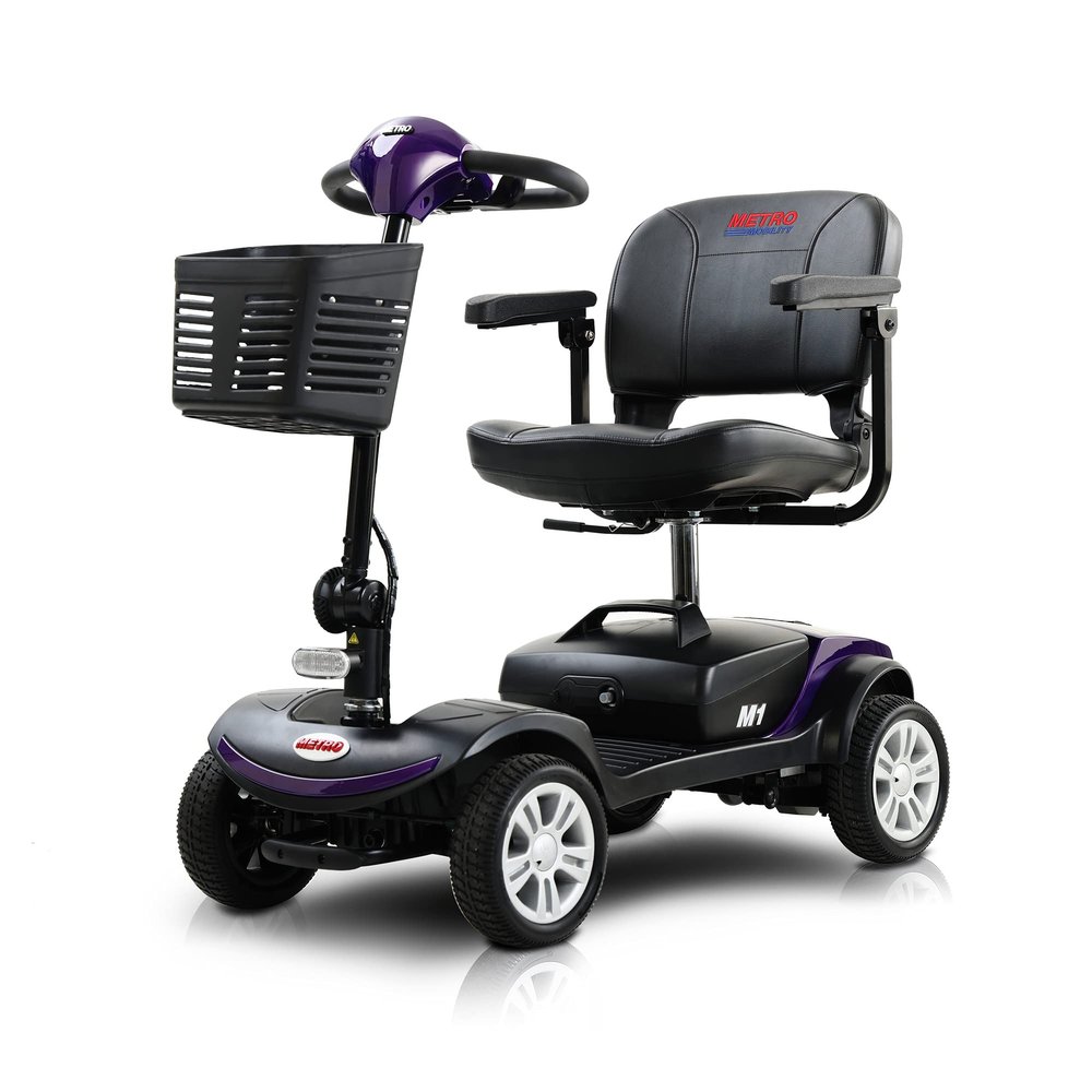 4 Wheel Powered Folding Mobility Scooter - 300 lbs Capacity Motorized Scooter for Adults Electric Medical Scooter Compact for Travel - Front & Rear LED Light ( Dark Purple)