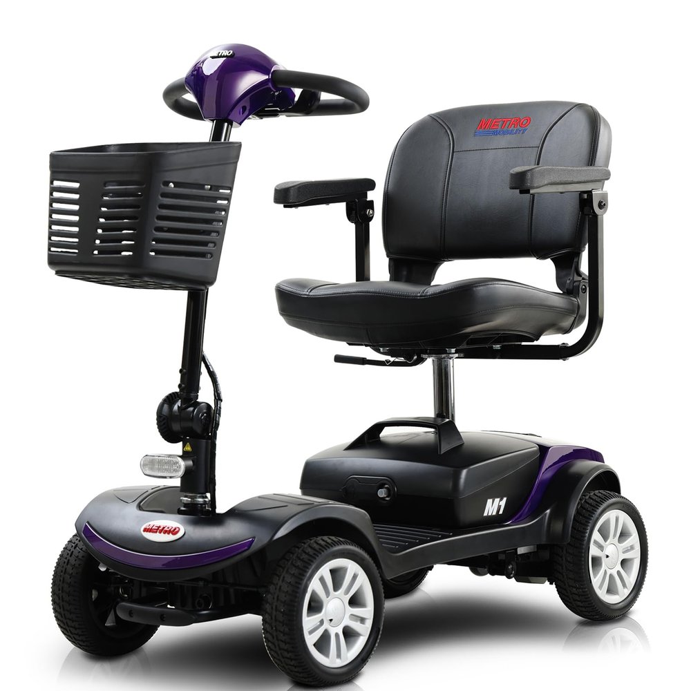 4 Wheel Powered Folding Mobility Scooter - 300 lbs Capacity Motorized Scooter for Adults Electric Medical Scooter Compact for Travel - Front & Rear LED Light (Metallic Grey)