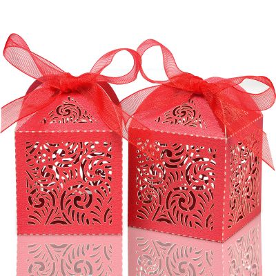 COTOPHER 100Pcs Laser Cut Favor Boxes, 2x2x2.75in Small Gift Boxes for Presents, Party Wedding Favors Boxes with Ribbon, Mini Candy Boxes for Event Bridal Shower Anniversary Birthday Christmas, Red