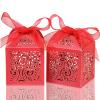 COTOPHER 100Pcs Laser Cut Favor Boxes, 2x2x2.75in Small Gift Boxes for Presents, Party Wedding Favors Boxes with Ribbon, Mini Candy Boxes for Event Bridal Shower Anniversary Birthday Christmas, Red view 1