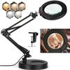 10X Magnifying Glass with Light, Krstlv Upgrade Button 5 Color Modes Stepless Dimmable 2-in-1 LED Lighted Desk Lamp & Clamp, Hands Free Magnifier with Light and Stand for Craft Hobby Repair Close Work view 1