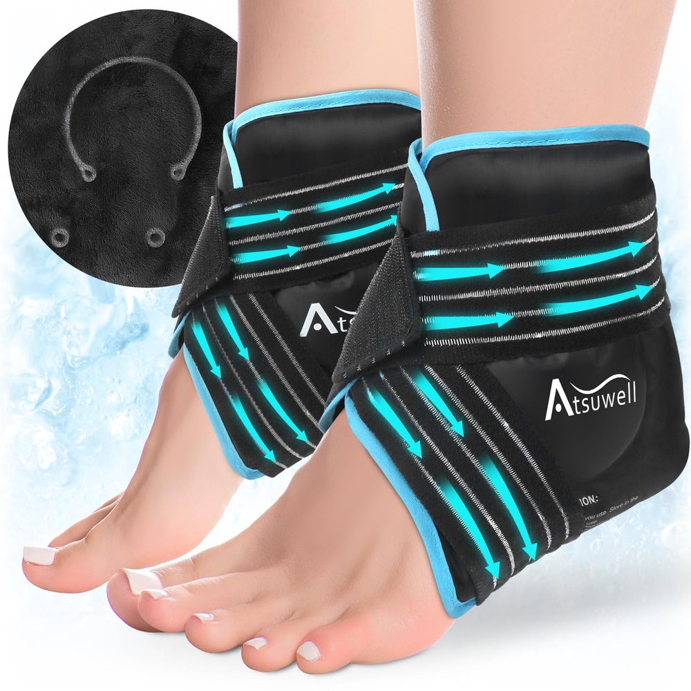 Atsuwell Ankle Ice Pack Wrap 2 Packs, Ankle Ice Wraps Flexible Gel Cold Pack for Foot Heel, Cold Compress Therapy for Soothing Discomfort, Black