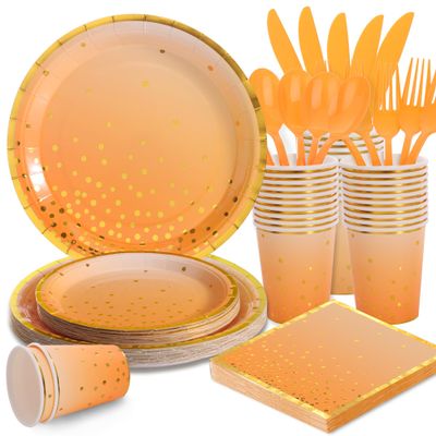 175PCS Orange Party Supplies, Fall Paper Plates and Napkins, Orange Paper Plates for Birthday, Fall Party Decorations, Thanksgiving Day, Serve 25 Guests