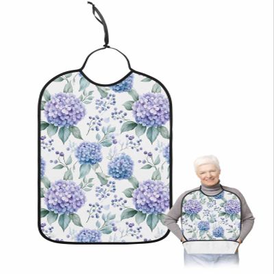 Blue Flower Adult Bib for Adults Men, Women, Washable & Adjustable Terry Cloth Bib with Crumb Catcher Reusable Waterproof Clothing Clothes Protector Apron Vintage Spring Hydrangea Floral Watercolor
