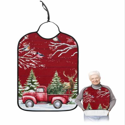 Jolunifun Christmas Red Adult Bib for Adults Men, Women, Washable & Adjustable Terry Cloth Bib with Crumb Catcher Reusable Waterproof Clothing Clothes Protector Apron Retro Truck Snow Tree Pine